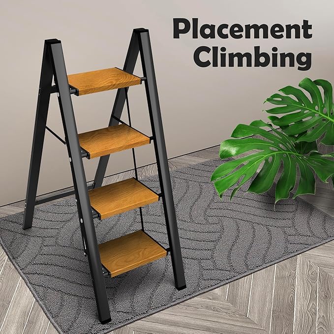 Taranta 4 Step Ladder,Aluminum Lightweight Folding 4 Step Stool with Anti-Slip Wide Pedal, 330lbs Capacity Step Ladder for Household,Kitchen,Office - BlackWoodgrain