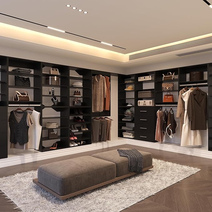 64" Wide Modular Closet Organizer System With Hanging, Wood Tower Storage for Walk In Closets, Wall Mounted Wardrobe Kit, Bedroom, Black