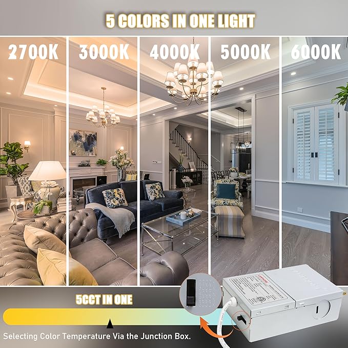 LAMPHOME 12-Pack of 6-Inch Slim LED Recessed Lights with Junction Box, Adjustable Color Temperatures (2700K-5000K), 12W Equivalent to 110W, Dimmable, 1050LM Brightness - ETL and Energy Star Certified