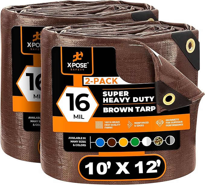 Xpose Safety Super Heavy-Duty 10' x 12' Brown Poly Tarp (2-Pack) - 16 Mil Waterproof & UV Resistant, Rip-Proof with Reinforced Edges & Grommets