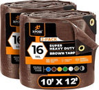Xpose Safety Super Heavy-Duty 10' x 12' Brown Poly Tarp (2-Pack) - 16 Mil Waterproof & UV Resistant, Rip-Proof with Reinforced Edges & Grommets
