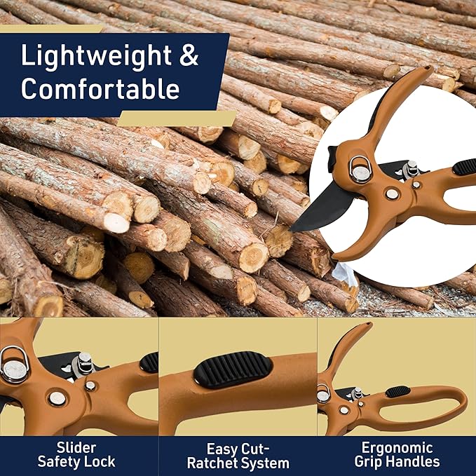 Kings County Tools Ratcheting Hand Pruner | Extra Cutting Strength | Adjust Grip to Activate Ratchet Mechanism | Cast Aluminum with Rubber Grip on Handle | Carbon Steel Blade