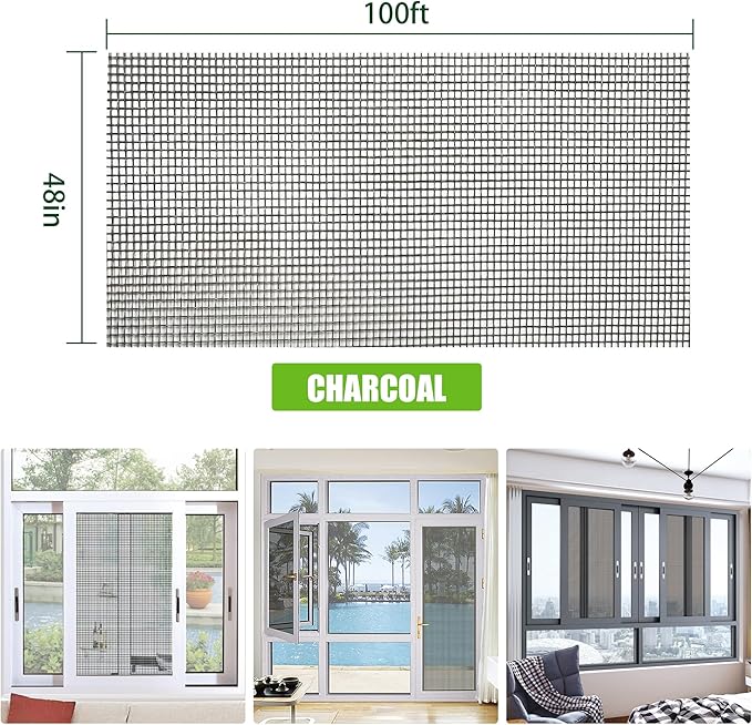 48in x 100ft Window Screen and Screen Door Mesh .Fiberglass Screen Doors for Patio and Window .for DIY Repair Or Reinstallation of Screens and Doors Black
