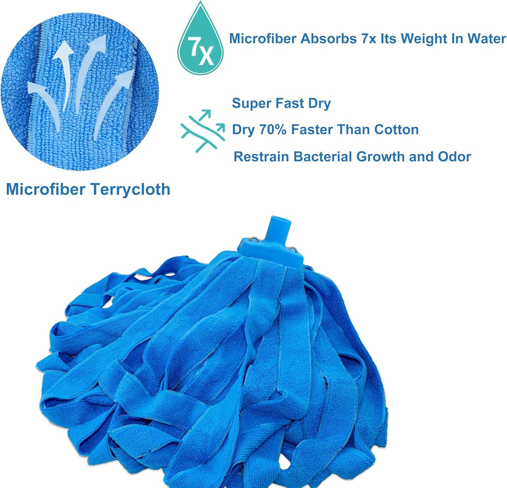 Screw On Microfiber String Mop, One Stainless Steel Pole + Two Blue Microfiber Cloth Mop Heads
