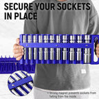 Magnetic Socket Organizer Set, 3-Piece Blue Portable Magnetic Socket Holder Tray, Heavy Duty Socket Racks For 1/2-inch& 3/8-inch& 1/4-inch Drive, Hold 76 Sockets - Fit Shallow&Deep Sockets