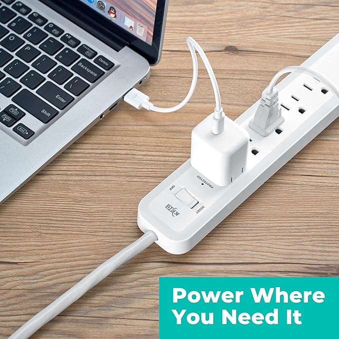 KMC 6-Outlet Surge Protector Power Strip, 1 USB-A & 1 USB-C Port, 840J Power Surge Protectors, 6ft Extension Cord, Flat Plug, White Power Strip Surge Protector, ETL/UL Certified Power Strips, White