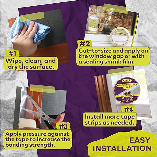 ATack Transparent Window Weather Sealing Tape, 2-Inch x 30 Yards, Clear Window Draft Isolation Sealing Film Tape- No Residue, Surface-Safe, Wood-Safe, Removes Cleanly