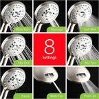 Hotel Spa AquaCare High Pressure 8-mode Handheld Shower Head - Anti-clog Nozzles, Built-in Power Wash to Clean Tub, Tile & Pets, Extra Long 6 ft. Hose, Wall & Overhead Brackets - 1.8 GPM