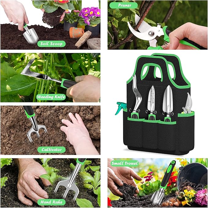 WNJ Garden Tool Set, 14PCS Complete Set of Heavy-Duty Stainless Steel Gardening Hand Tools with Stylish and Durable Tool Bag and Non-Slip Rubber Grips, Ideal Gardening Kit Gift for Women and Men