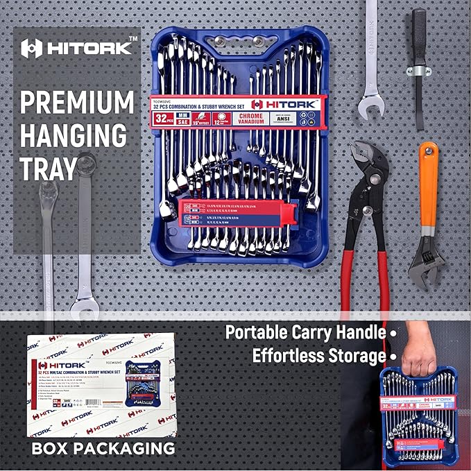 HITORK 32 Piece Wrench Set SAE & Metric 20 Standard & 12 Stubby Combination Wrenches Cr-V Steel 12-Point Mirror Finish 15° Offset with Organizer Tray Ideal for Auto & Home Repair