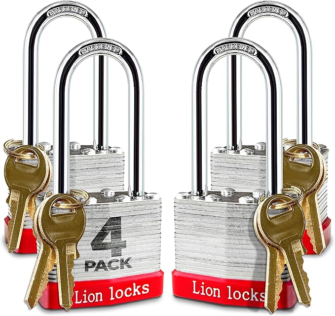 Lion Locks 4 Keyed-Alike Padlocks w/ 2” Long Shackle, 8 Keys, Hardened Steel Pad Lock, Pick Resistant Brass Pin Cylinder (Pack of 4)