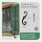 Renovators Supply Shutter Fasteners - Decorative S Style Shutter Dogs Hardware - Rust Resistant Powder Coated External Shutter Tieback Including Mounting Screws - 6.5 Inches, Cast Iron, Pack of 12