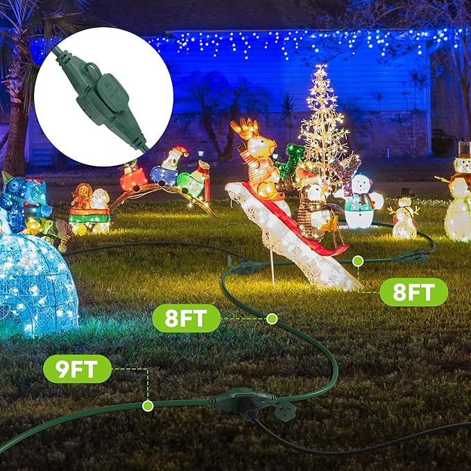BN-LINK 25 ft Outdoor Extension Cord w/3 Inline Outlets 16/3 Gauge, SJTW Green for Landscaping & Holiday Decorations, Grounded, ETL Listed