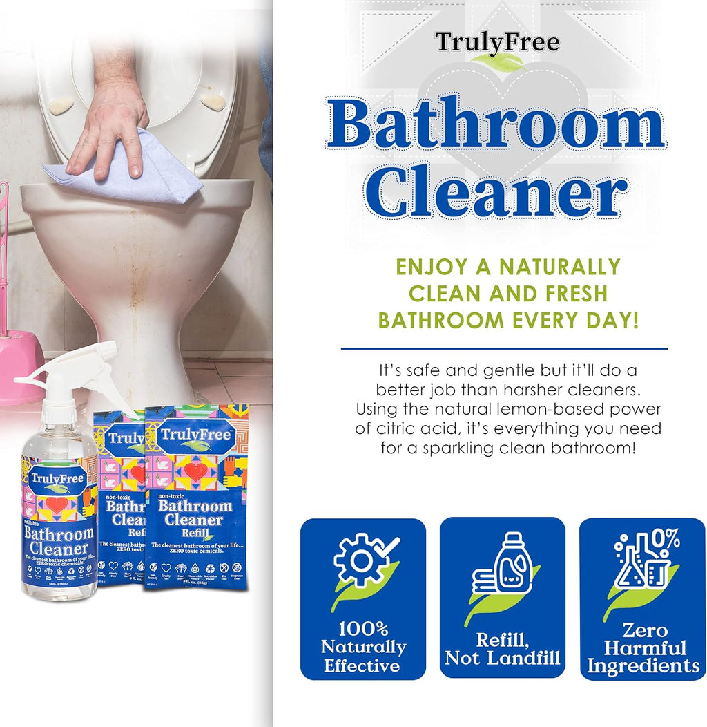 2-Pack TrulyFree Bathroom Cleaner - Cleaning Spray, for Toilet, Sink, Tub, Shower - Includes: 16-oz Spray Bottle, One refill pouch used for initial fill and one pouch for Refill when needed (3 oz)