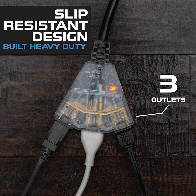 Iron Forge Cable 12 Gauge Extension Cord with Multiple Outlets - Black Heavy Duty Extension Cord 100 ft - 12/3 SJTOW, 3 Prong Lighted Outlet Cords