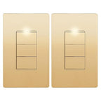 LIDER Matte Finish Lighted Triple Switch with Screwless Wall Plate, Combination Frameless Decorator Switch with Locator Light, Ground Terminal Single Pole, 15A 120V, UL Listed, Gold, 2 Pack