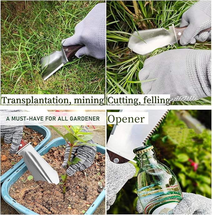 Hori Hori Garden Knife, Garden Tools with Sheath for Weeding,Planting,Digging, Stainless Steel Blade with Cutting Edge, Full-Tang Wood Handle with Hanging Hole