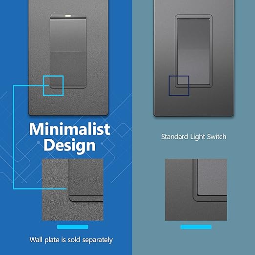 LIDER Minimalist Design Matte Finish Lighted Decorator Switch, Frameless Paddle Switch with Locator Light, Grounding Screw, 3-Way or Single Pole 15A 120V UL Listed LS15-3W-SG5P Space Gray 5 Pack