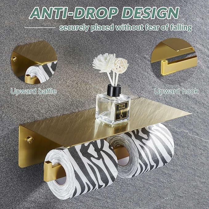APLusee Brushed Gold Double Toilet Paper Holder with Shelf, Heavy Duty 304 Stainless Steel Tissue Holder for Bathroom with Storage, Commercial Paper Roll Dispenser Wall Mounted