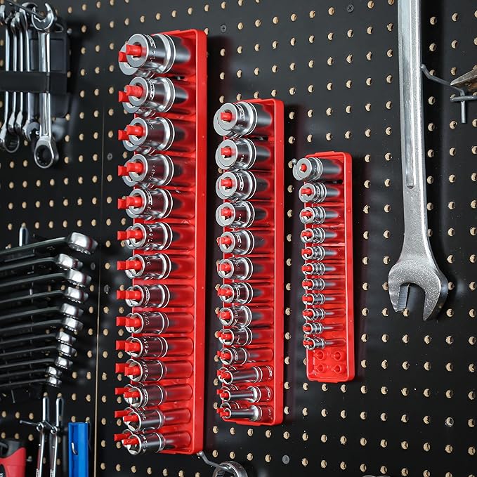 OEMTOOLS 22413 6 Piece SAE and Metric Socket Tray Set, SAE and Metric Socket Storage for Sizes 1/4", 3/8”, and 1/2" Drive, Socket Holders and Socket Organizer Tray for Toolbox, Red/Grey