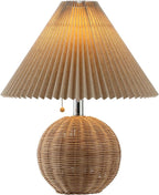 JONATHAN Y JYL1145C Aksel 17.25" Coastal Scandinavian Rattan/Iron Sphere LED Table Lamp with Pleated Shade and Pull Chain, Natural/Chrome/Dark Beige, for Bedroom, Living Room, Entry Console