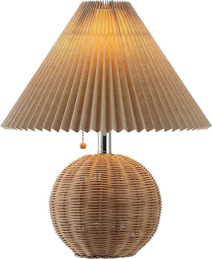 JONATHAN Y JYL1145C Aksel 17.25" Coastal Scandinavian Rattan/Iron Sphere LED Table Lamp with Pleated Shade and Pull Chain, Natural/Chrome/Dark Beige, for Bedroom, Living Room, Entry Console