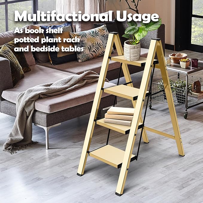 Taranta 4 Step Ladder,Aluminum Lightweight Folding 4 Step Stool with Anti-Slip Wide Pedal,330lbs Capacity Step Ladder for Household,Kitchen,Office - Gold