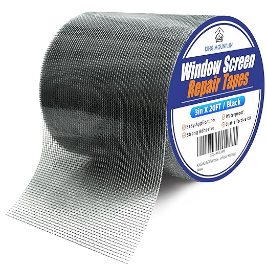 KING MOUNTAIN Black Window Screen Repair Tape,3inX20FT Heavy Duty Screen Repair Kit for Window Screen and Screen Door Tears Holes,Strong Adhesive & Waterproof Window Screen Patch