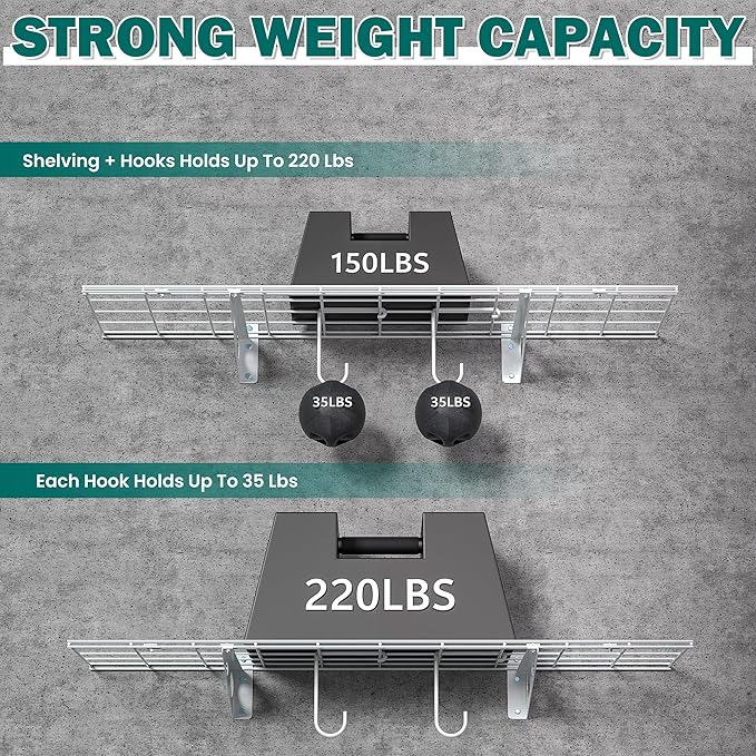 EVERHANGER Garage Wall Shelves, 12 X 48 Inch Wall Mounted Storage Shelves, Heavy Duty Metal Shelving with Hooks, 2 Pack, White