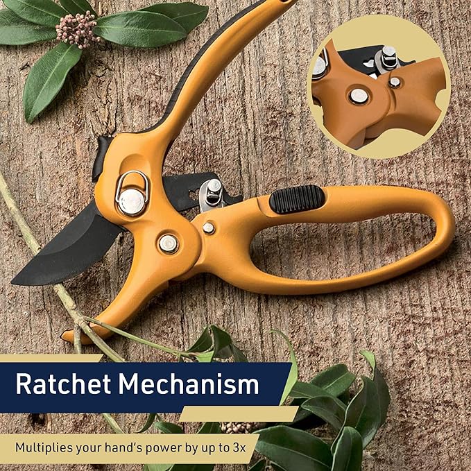 Kings County Tools Ratcheting Hand Pruner | Extra Cutting Strength | Adjust Grip to Activate Ratchet Mechanism | Cast Aluminum with Rubber Grip on Handle | Carbon Steel Blade