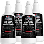 Commercial Grill and Oven Cleaner 32oz Concentrate 4pk. Heavy-Duty Fast-Acting Degreaser Solution Removes Carbon, Grime, Burnt Food and Oil for Griddles Fryer Baskets and Kitchen Cooking Surfaces.