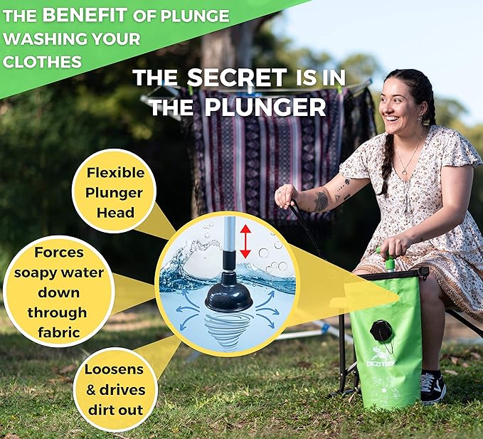 One Hand Wash Bag and Plunger Set - Off Grid Washing Machine Non Electric for Camping Travel | Eco Friendly Portable Manual Clothes