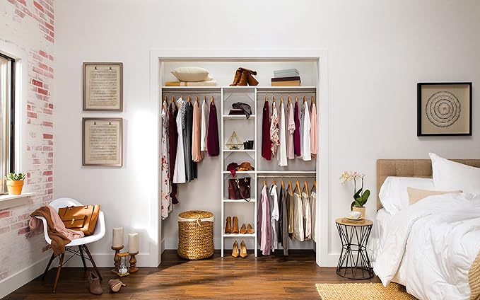 ClosetMaid SuiteSymphony Wood Closet Organizer Starter Kit with Tower and 3 Hang Rods, Shelves, Adjustable, Fits Spaces 4 – 9 ft. Wide, Engineered Wood, Pure White, 16"
