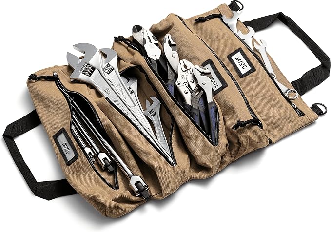 Official Voyager Tool Roll Bag - Easy to Carry 5-Pocket Roll Up Tool Bag - Durable 20oz Canvas, Rust-Proof YKK Zippers & Secure Buckle - A Gift for Dads, Mechanics, Electricians & Hobbyists | Khaki