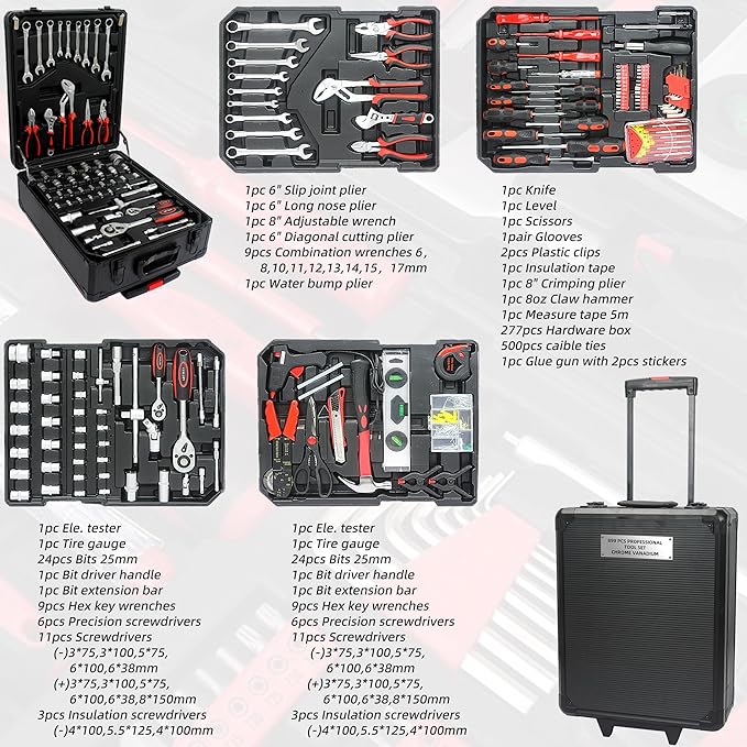 Campfun 899 Piece Tool Set Household Hand Tool Set Basic Tool Set, Complete Tool Box Set House Tool Kit Set, Home Tool Set Rolling Tool Box with Tools, Repair Tool Kit Toolbox Storage Organizer