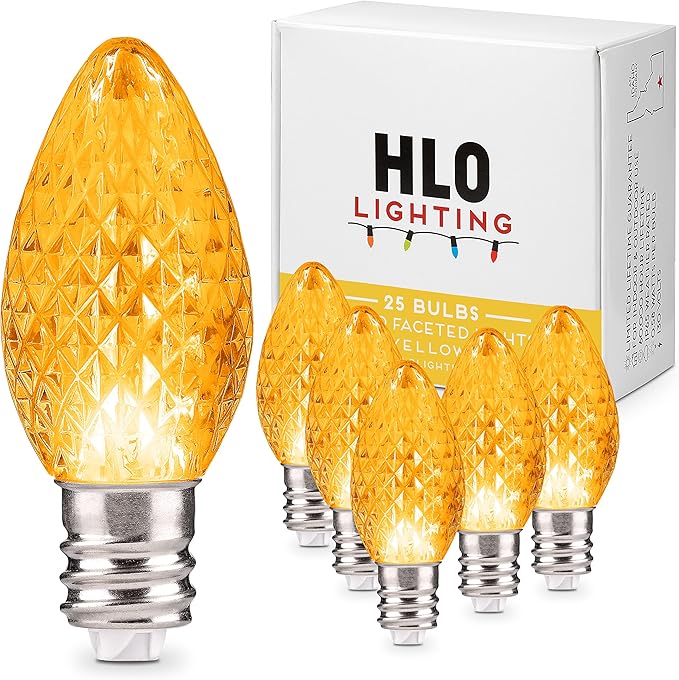 Holiday Lighting Outlet Faceted C7 Christmas Lights | Yellow LED Light Bulbs Holiday Decoration | Warm Christmas Decor for Indoor & Outdoor Use | 2 SMD LEDs in Each Light Bulb | Set of 25