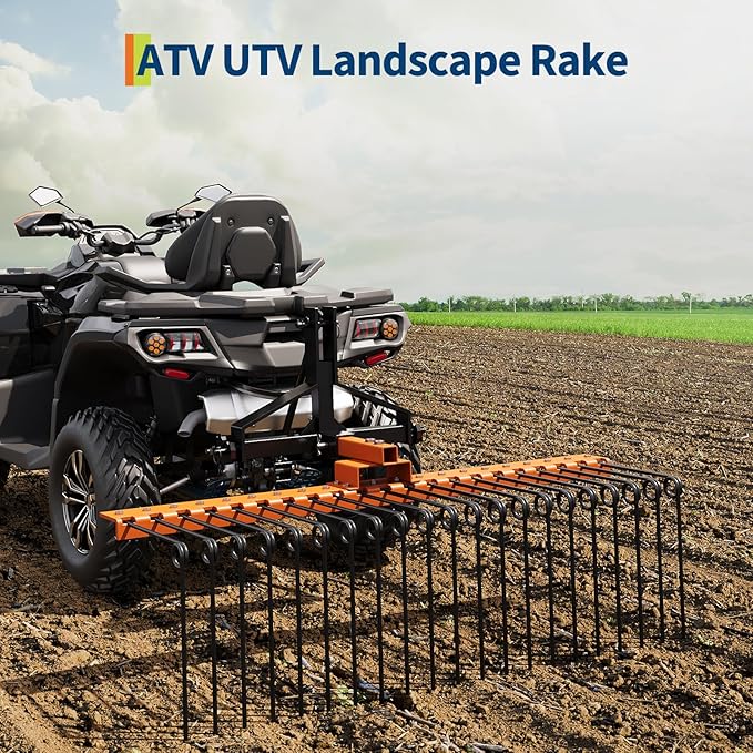 Tow Behind Landscape Rake, 48" Tow Dethatcher with 17 Steel Coil Tines, Lawn Dethatcher Rake Attaches to 48" or 60" Toolbars and 3-Point Suspension Systems, for Leaves, Pine Needles, and Grass, Orange