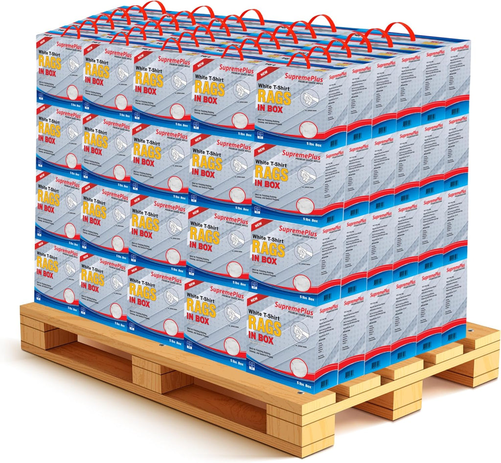 Premium White T-Shirt Cleaning Rags (600 lbs. Pallet 120x5 lbs. Compressed Box of Rags) – White Cotton Cloths for Cleaning, Staining, Painting, Oil, Grease & Dust Removal