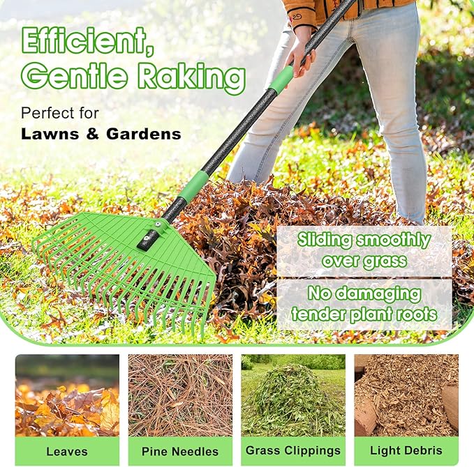 Leaf Rake for Lawn, Heavy Duty 16.5” Wide Large Plastic Garden Rake for Yard Garden Grass Turf Debris Mulch Thatch Pine Needles Leaves, 60” Long Handle,Light Weight Gardening Landscaping Tool for Kids