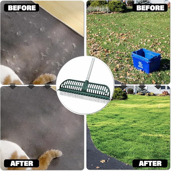 Artificial Turf Rake, 2 in 1 Turf Rake with Adjustable Steel Handle, 30" to 53" Long, 17.9 inch Wide for Artificial Grass and Lawn Leaf Removal, Carpet Rakes, Pet Hair Removal