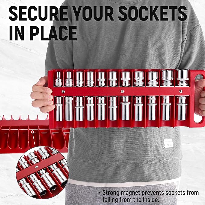 Magnetic Socket Organizer Set, 3-Piece Red Portable Magnetic Socket Holder Tray, Heavy Duty Socket Racks For 1/2-inch& 3/8-inch& 1/4-inch Drive, Hold 76 Sockets - Fit Shallow&Deep Sockets