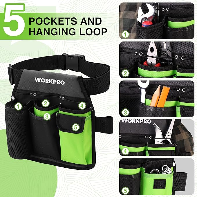WORKPRO Garden Tool Belt, 5-Pocket Single Side Gardening Tool Pouch with Adjustable Waist Strap, Utility Garden Waist Bag for Women, Ideal for Gardening, Carpentry, and DIY Projects