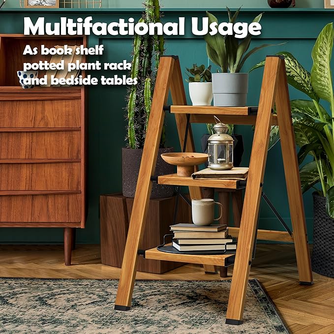 Taranta 3 Step Ladder,Aluminum Lightweight Folding 3 Step Stool with Anti-Slip Wide Pedal, 330lbs Capacity Step Ladder for Household,Kitchen,Office - Woodgrain