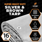20' x 30' Super Heavy Duty 16 Mil Silver/Brown Poly Tarp Cover - Thick Waterproof, UV Resistant, Rip and Tear Proof Tarpaulin with Grommets and Reinforced Edges - by Xpose Safety