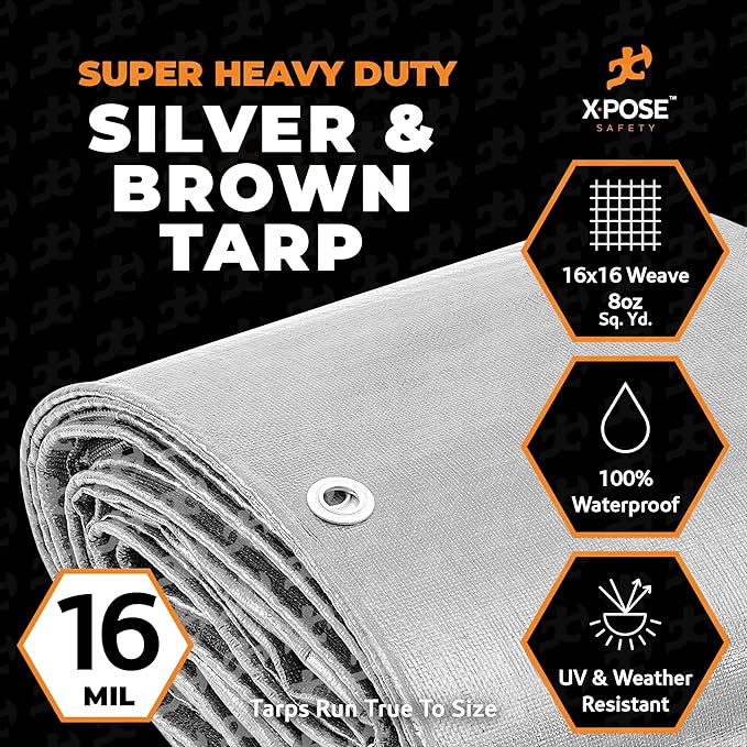 10' x 12' Super Heavy Duty 16 Mil Silver/Brown Poly Tarp Cover - Thick Waterproof, UV Resistant, Rip and Tear Proof Tarpaulin with Grommets and Reinforced Edges - by Xpose Safety