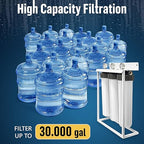 3 Stage High Capacity 20” White Whole House Water Filter System, Freestanding Steel Frame, Sediment, GAC+KDF & Carbon Cartridges, Presser Relief Button, 1” Brass Port, Pressure Gauges, Double O-Ring