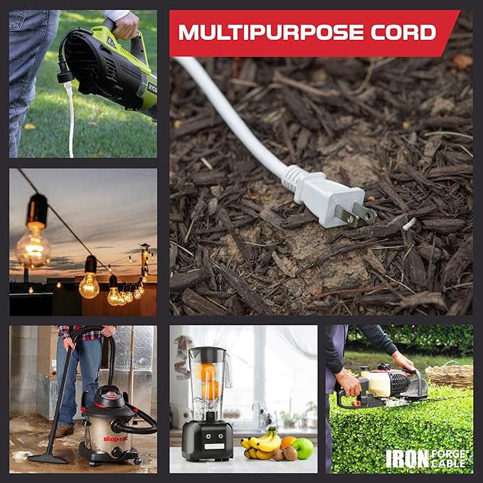 Iron Forge Cable 2 Prong Outdoor Extension Cord 25 ft, 16/2 SJTW 25 Foot White Extension Cord, Weatherproof - Great for Outdoor Lights, Deck, Patio