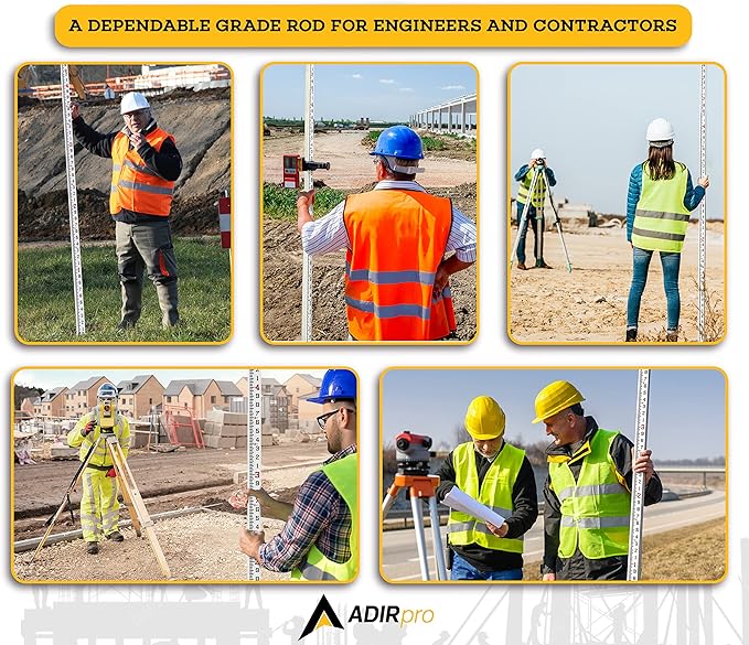 AdirPro 25-Foot Fiberglass Grade Rod – 10ths, 6-Section Telescoping Rectangular Leveling Rod – Non Glare and Corrosion Resistant – Heavy Duty Carrying Case Included