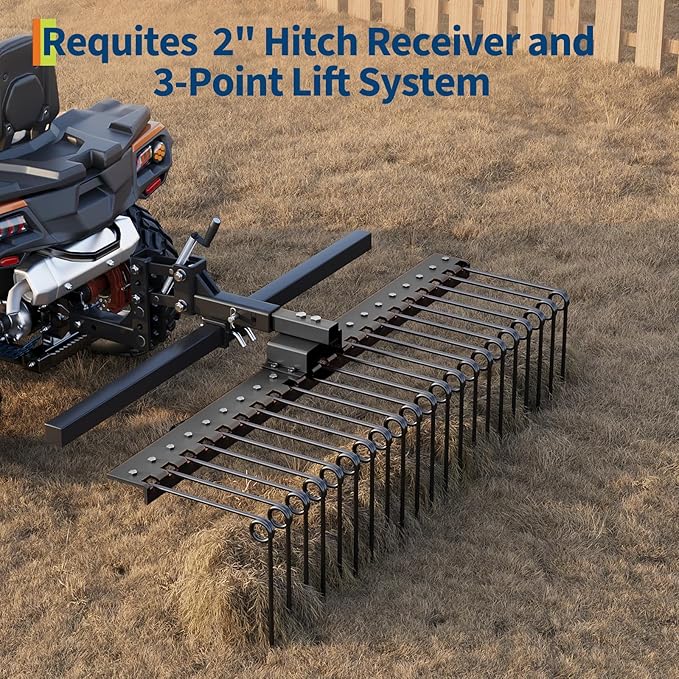 Tow Behind Landscape Rake, 60" Tow Dethatcher with 21 Steel Coil Tines, Lawn Dethatcher Rake Attaches to 48" or 60" Toolbars and 3-Point Suspension Systems, for Leaves, Pine Needles, and Grassn, Black