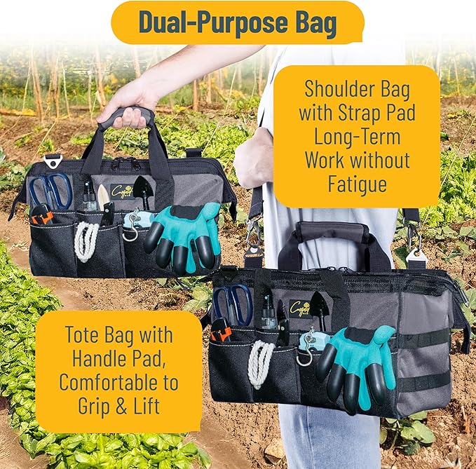 Garden Tool Bag Organizer – 13 Pocket Heavy-Duty Gardening Tote with 7 Outer & 6 Inner Compartments, Anti-Slip Base, Adjustable Shoulder Strap & Belt – Garden Organizers and Storage (Grey)